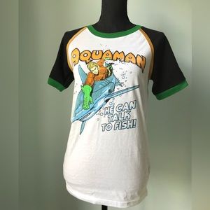Vintage-style Aquaman DC Comics Super Hero Graphic Ringer Tee, size S